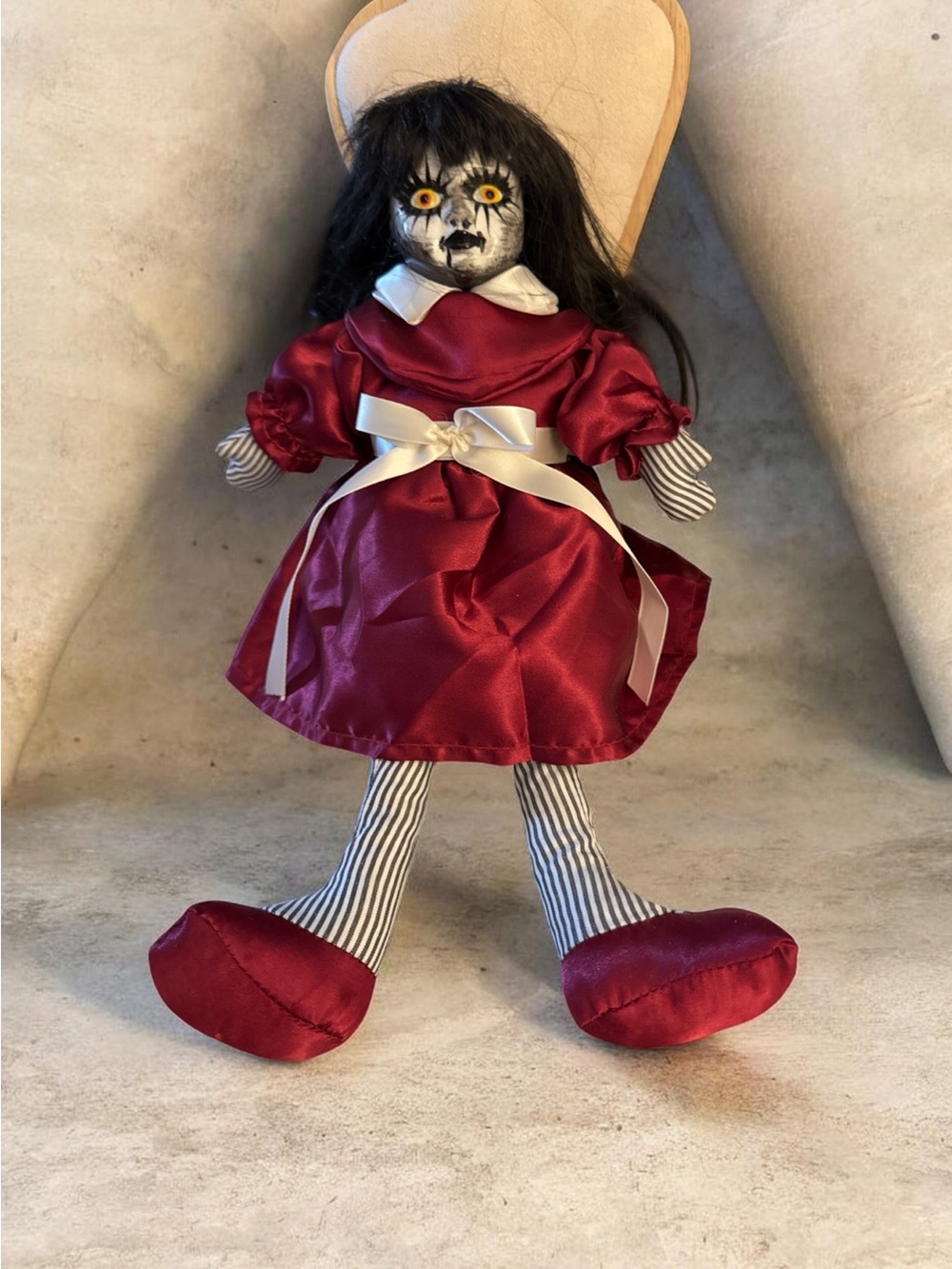 Red Fabric Doll with White Ribbon Dress -